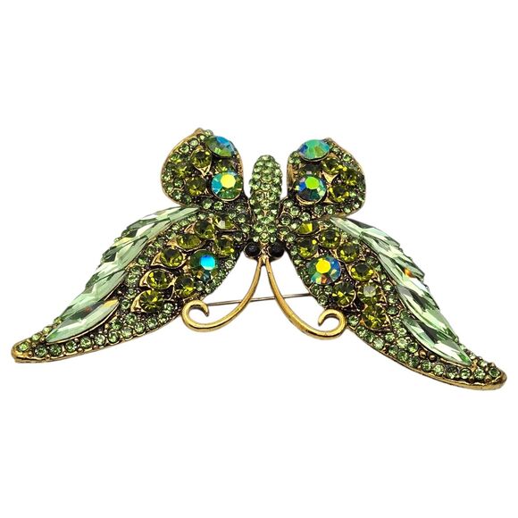 Sparkly Green & Blue Rhinestone Butterfly Insect Brooch Pin with 3.5" Wingspan - Picture 6 of 10